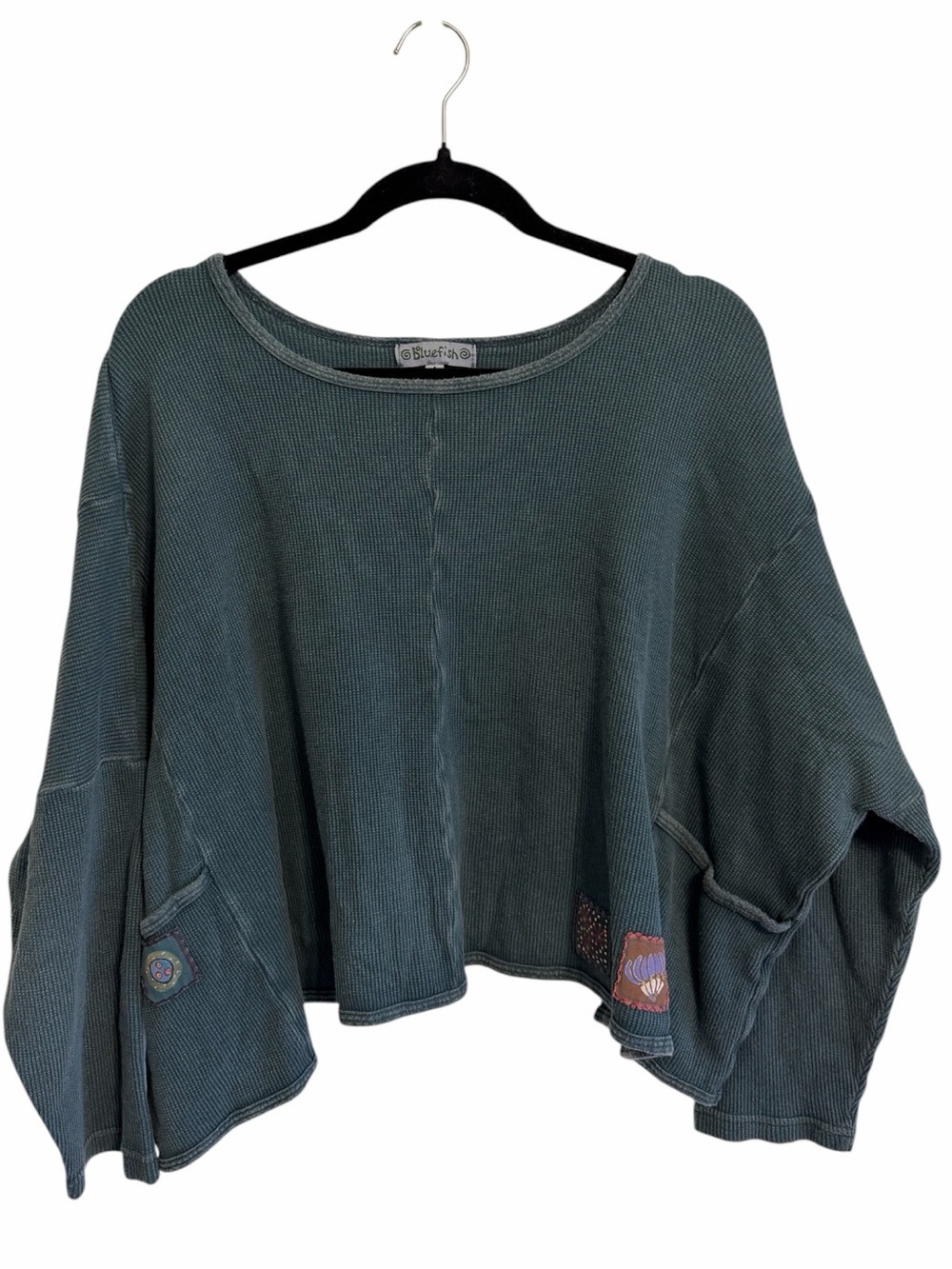 Vintage Blue Fish Dark Teal Waffle-Knit Boxy Sweatshirt with Pockets Size 1